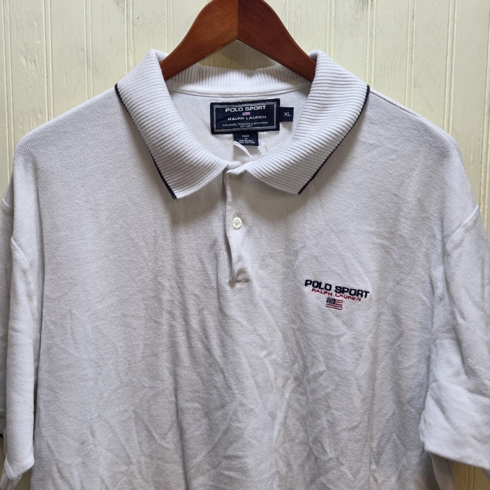 Polo Sport Ralph Lauren Polo Shirt Mens XL White Cotton Knit Flag‎ Logo Top